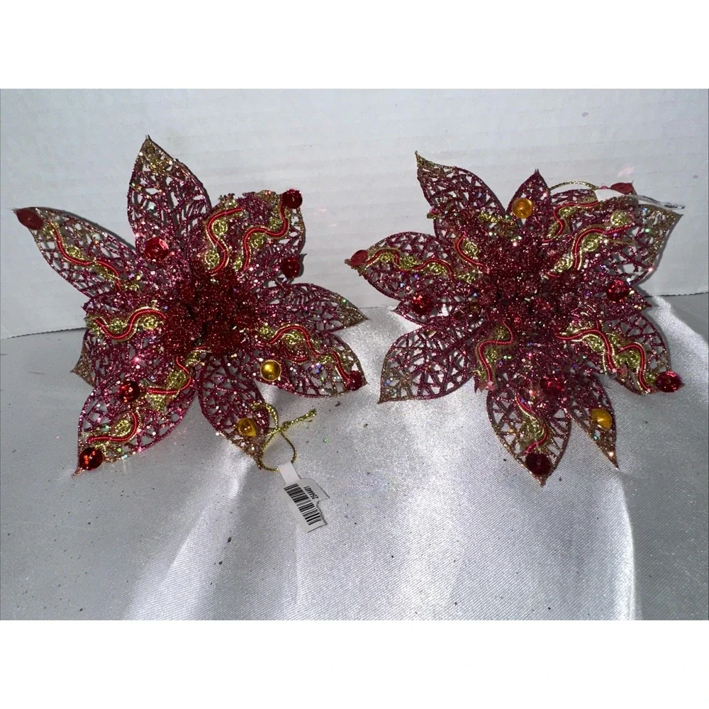 Vtg Pier One Gold Poinsettia Clip On Ornament Embellished Glitter Vintage NEW